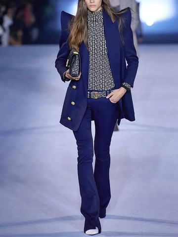 High Street Runway Designer Jacket Women Peak Strong Shoulder Lion Buttons Double Breasted Blazer Pants