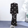 Geometric Printed Blazer Jacket Pants Sets Women Shoulder Pads V Neck Lace Up Full Sleeve Jackets Flare Pant Lady Outfit