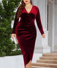 Elegant Velvet Bodycon Dress Women Sexy Wrapped V-neck Long Sleeve Ruched High Waist Midi Dress Party Cocktail Dresses Vestidos