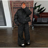Print Hooded Puffer Coat Set Women Quilted High Neck Full Sleeve Zip Pockets Jacket Wide Leg Pants Winter Warm Sets