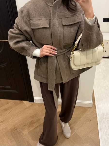 Elegant Woolen Women Short Coat Urban Stand Collar Long Sleeve Belt Pocket Female Outwear Autumn Winter Lady Streetwear