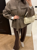 Elegant Woolen Women Short Coat Urban Stand Collar Long Sleeve Belt Pocket Female Outwear Autumn Winter Lady Streetwear