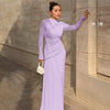 Elegant Pink Irregular Pleated Maxi Dress Women O-Neck Long Sleeve Ruched Slim Long Dress Wedding Guest Evening Party Robes