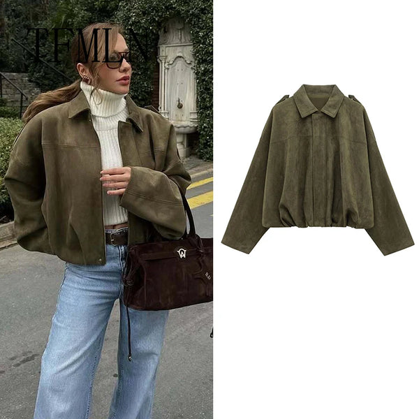 Suede Fabric Women Bomber Jackets Causal Long Sleeve Zipper Loose Coats Cropped Winter Warm Jacket Outwear
