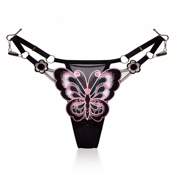 Butterfly Lace Thong for Women Low Waist G-String Transparent Mesh Panties Sexy Embroidered Briefs Adjustable Waist Culotte Femm