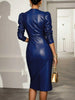 European American Women Deep V Puff Shoulder Faux Leather Midi Dress Long Sleeve Cinched Waist Bodycon Dress