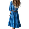 Denim Dress Three Quarter Sleeve with Belt Turn-down Collar Spring Autumn Buttons Ruffle Jeans Dresses for Women