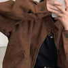 American Retro Brown Faux Suede Coat Women Lapel Solid Zipper Short Jacket Autumn Winter Long Sleeve Zipper Outwear