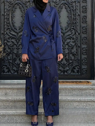 Vintage Chic Casual Women Suit V Neck Pockets Blazer Straight Loose Pants Autumn Office Lady Set
