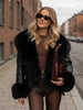 Black Faux Fur Collar Leather Jacket Elegant Lapel V-neck Waist Cinching Long-sleeved Short Coats Lady Winter Commute Coat