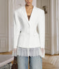 One Button Lace Blazer Women Black Slim V-neck Full Sleeve Shoulder Pads Jacket Fall Office Lady All-match Outwear
