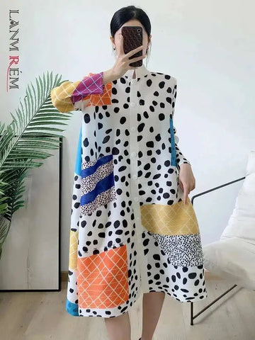 Pleated Contrast Color Leopard Printed Dress Stand Neck Single Breasted Mid-length Dresses Women Party Clothing 2Q1027