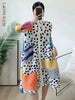 Pleated Contrast Color Leopard Printed Dress Stand Neck Single Breasted Mid-length Dresses Women Party Clothing 2Q1027