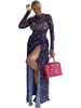 Women O-Neck Long Sleeve Print Split Maxi Long Dress Fall Autumn Evening Party Vacation Birthday Dresses Vestidos