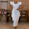 Women Short Ruffles Sleeve O-neck Ribbon Bodycon Midi Dress Street Africa OL Evening Sexy Party Dresses Vestido