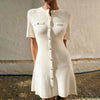White Elegant Knitted Mini Dress For Women Metal Button Sexy Slim Rib Sweater Dress Holiday Party Outfits Autumn