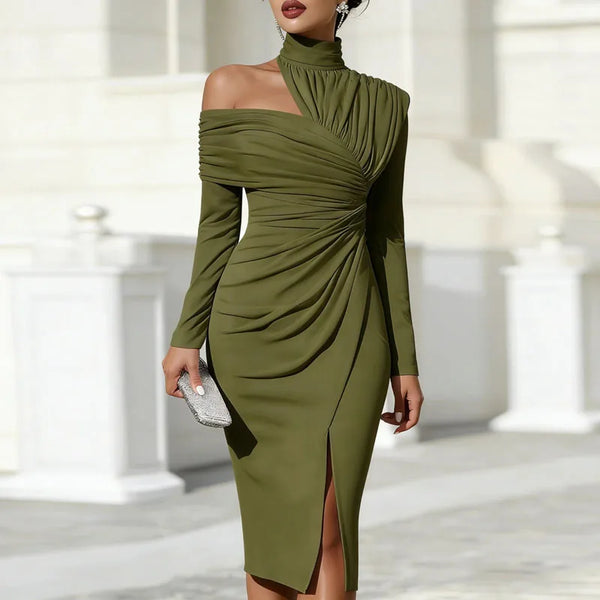 Sexy Turtleneck Off Shoulder Hollow Party Dresses Woman Spring Slid Ruched Slit Midi Dress Elegant Long Sleeve Office Lady Dress