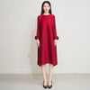 Pleated Dress Women's Round Neck Long Sleeve Casual Loose Lady Elegant Women's Dress