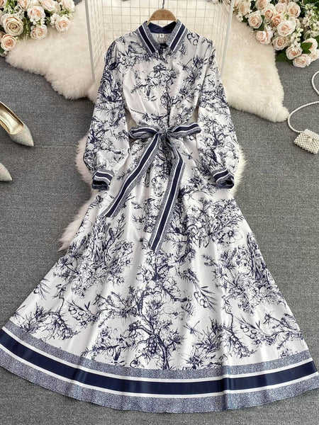 Spring Auutmn Elegant Long Dress Women Turn Down Collar Print A-line Party Dresses Vintage Long Sleeve Floral Long Robe Vestidos