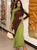 Contrast Patchwork Dress Woman Classic Ruched Turtleneck Full Sleeve Skinny Stretch Casual Elegant Vestidos