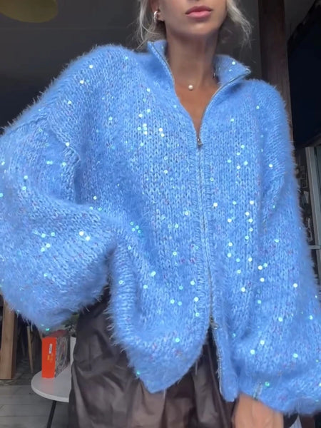 Women Fuzzy Sequin Knit Zip Up Cardigan Stand Collar Long Sleeve Oversized Loose Sweater Jacket Streetwear Outerwear