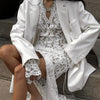 Sexy Lace Printed White Dress For Women See-Through Hollow Out Full Sleeve V Neck Slit Slim Maxi Dress Evening Party Club Outfit