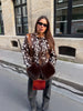 Women Leopard Print Stand Collar Waist Cinched Faux Fur Short Coat Fluffy Cuff Outerwear Winter Ladies Warm Furry Jacket