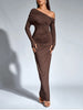 Women's Long Sleeve Asymmetric Neck Long Dress One Shoulder Ruched Bodycon Club Party Maxi Dresses Brown Autumn