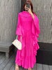 Ruffle Sleeves Pleated Dress For Women Lapel Solid Color Maxi Style Loose Elegant Clothing Spring 2DA2766