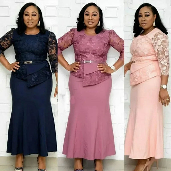 4XL 5XL Plus Size Christmas Dresses Women O Neck 3/4 Sleeve Long Maxi Dress Lace Patchwork Night Party Dress