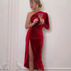 Women Elegant Long Sleeve Party Evening Velvet Bodycon Split Pencil Midi Dress Spring Autumn Clothes