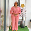 Women Causal Pink Two Piece Set V Neck Appliques Waist Cinching Top Wide Leg Long Pants African Office Party Outfits
