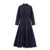 Women With Belt Solid Single Breasted Midi Dress Vintage Lapel Neck Long Sleeves Female Chic Lady Dresses