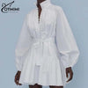 Elegant White Cotton Women's Dress Casual Ruffled Collar Long Sleeve Single Breasted Dresses Lace-Up Mini Dresses