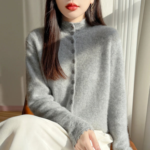 Autumn Winter Women's 100% Merino Wool Knit Cardigan Stand Collar Single Row Button Front Sweater Soft Warm Office Wear Coat
