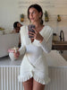 Chic Knot Dress Women V-Neck Long Sleeve Ruched Ruffled Hem Skinny Solid Elegant Birthday Simple Classic Mini Bodycon