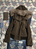 Winter American Vintage Harajuku Hooded Jacket Women Slim Brown Fur Collar Short Coat Casual Streetwear Chic Outerwear