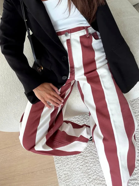 Women Jeans Straight Stripe Button Detail Jeans Female High Waist Loose Curved Wide Leg Denim Pants Vintage Casual Outfit Ladies