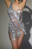 Stock Sparkly Rhinestone Sequins Tassel Mesh One Shoulder Short Dress Women Evening Birthday Party Nightclub Stage Costume