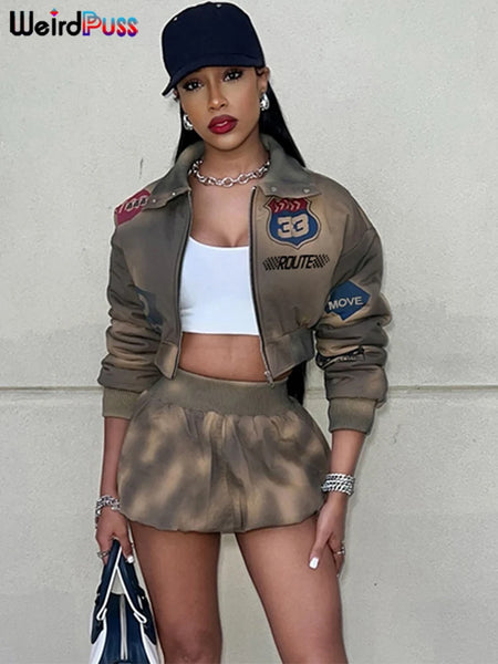 Tie-Dye 2 Piece Set Tracksuit Women Letter Print Zip Jacket+Waistband Puffy Skirt Matching Street Casual Vintage Suit