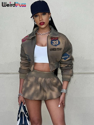 Tie-Dye 2 Piece Set Tracksuit Women Letter Print Zip Jacket+Waistband Puffy Skirt Matching Street Casual Vintage Suit
