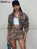 Tie-Dye 2 Piece Set Tracksuit Women Letter Print Zip Jacket+Waistband Puffy Skirt Matching Street Casual Vintage Suit