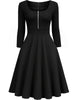 Women Elegant Square Neck 3/4 Sleeve Autumn Work Party Midi Dress Solid Color Zip Front Solid Business Casual Swing A-Line Dress