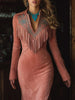 Western Retro Suede Tassel Dresses for Woman V-neck Embroidery Zipper Slim Hips Dress Long Sleeve Side Slit Maxi Dress