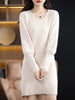 Autumn Winter 100% Mink Cashmere Knit Long Skirt Women Scoop Neck Knee-length Dress Casual Warm Jumper Cashmere Base Shirt Top