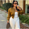 Elegant Full Sleeve Short Jacket Women Chic Zipper O-neck Shoulder-padded Blazer Coat Female Solid Coats Lady