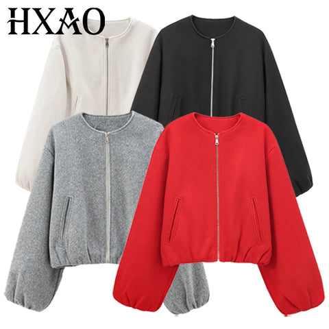 Women's Cropped Loose Jackets Red Grey Off White Black Outerwear Oversized Zip Up Long Sleeve Top Chic Bomber Baseball Coat