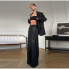 Elegant Stripe Sequin Blazer Jackets Trousers Set Lapel Long Sleeve Coat Wide Leg Long Pants Chic Female Matching Sets