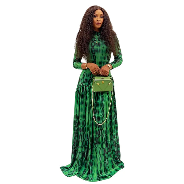 Women's Retro Print Turtleneck Long Sleeve Waistband Pleated Big A-Line Long Dress