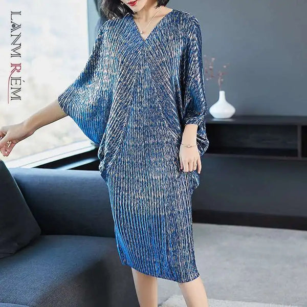 V Collar Pleats Batwing Sleeve Loose Dress For Women Print Clothing Vestido YE853